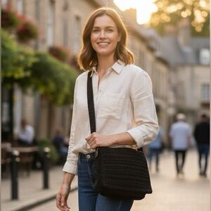 The SAK Crochet Knit Woven Boho Flap Top Shoulder Bag